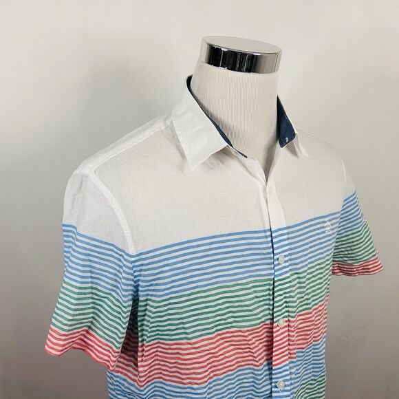 Original Penguin Large Heritage Slim Fit Shirt Short Sleeve Striped Blue Orange - Picture 1 of 4